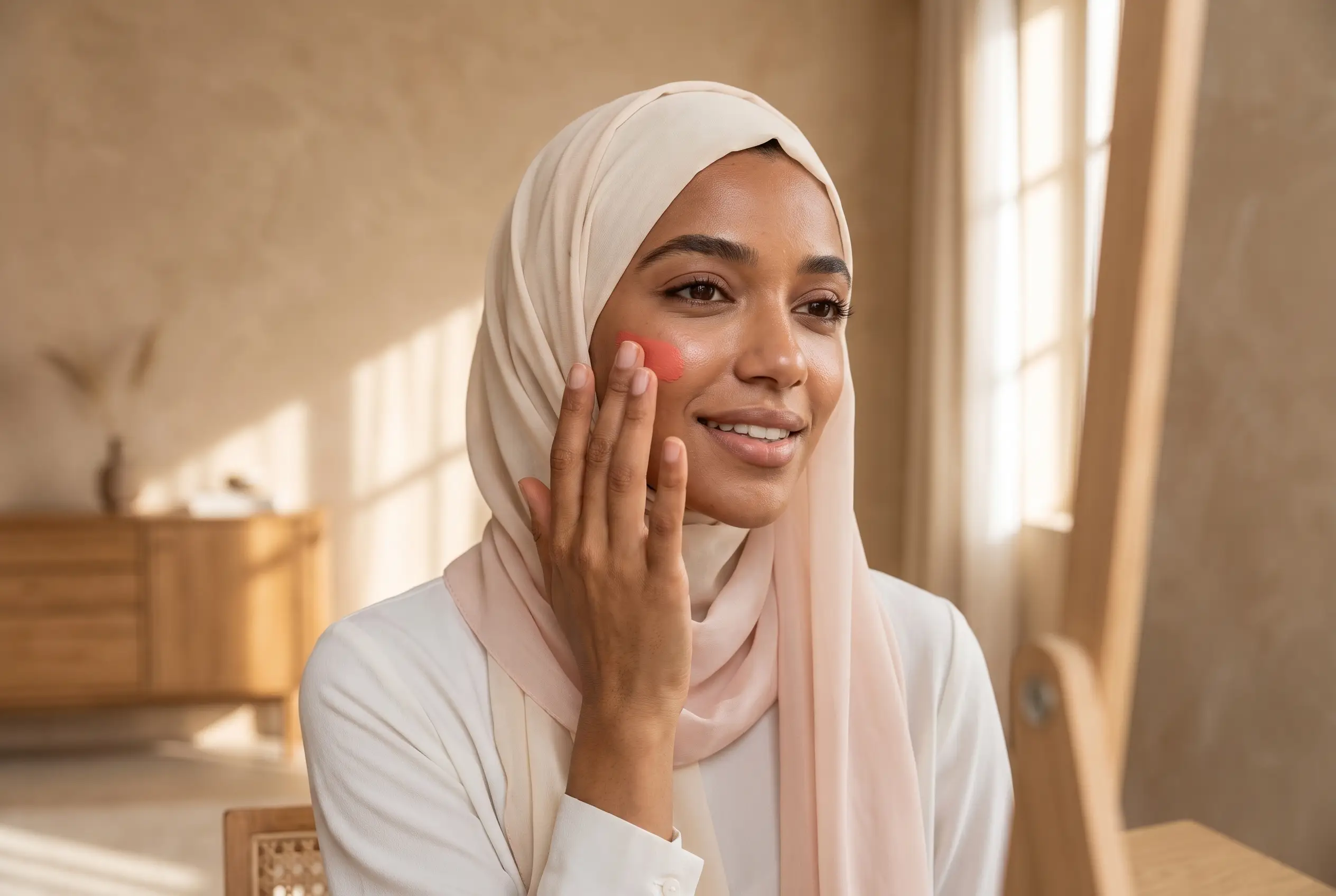 Salma pressing on cream blush for a quick five-minute face