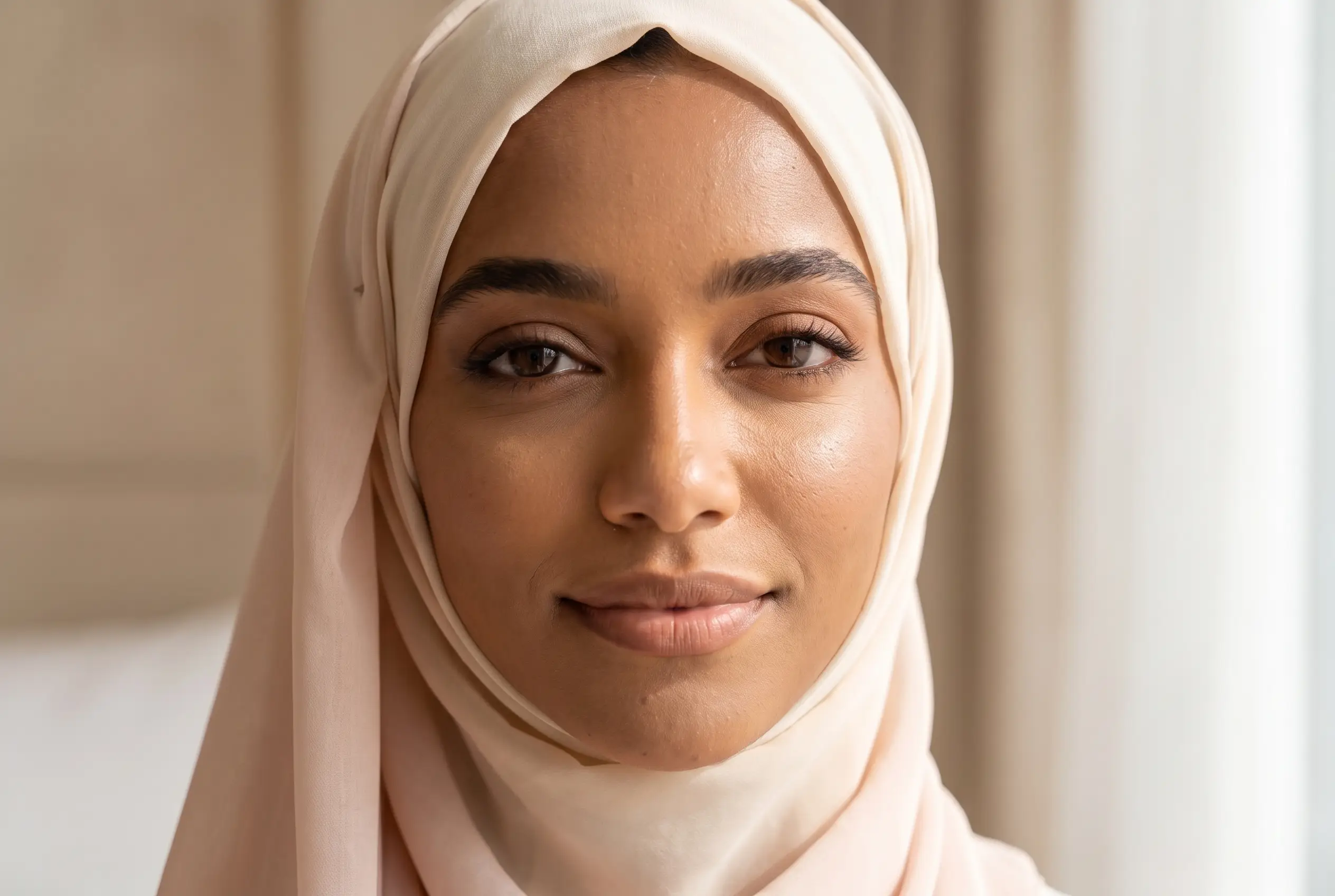 Salma with glowing makeup framed by her hijab