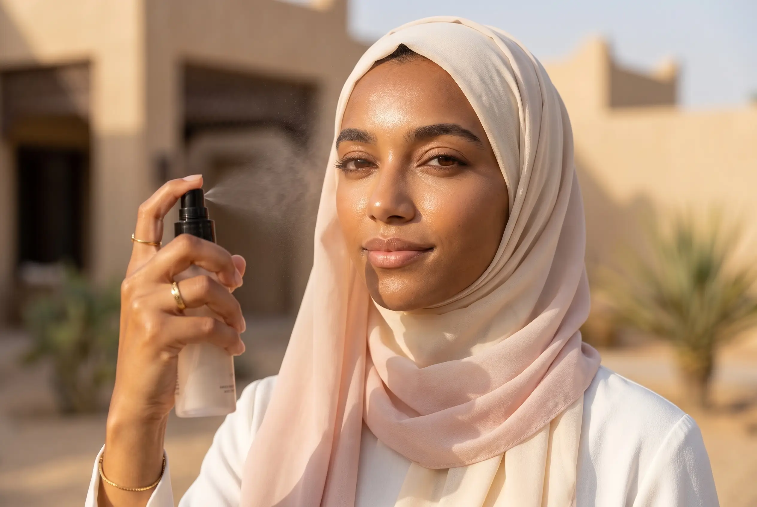 Salma finishing her heat-proof makeup with a setting spray